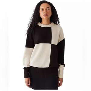 Frank And Oak Relaxed Crewneck Knit Patchwork-Check Sweater XS black white wool